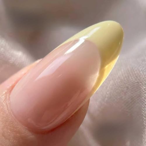 Xetkond French Almond Gel Press On Nails Short Glossy Fake Nails 24Pcs 16 Sizes Includes Nail Glue False Nails for Women (yellow)