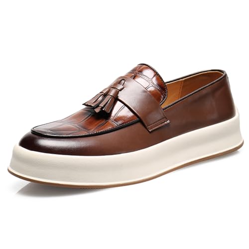 Men's Leather Platform Slip On Tassel Loafers Round Toe Low Top Comfort Non-Slip Luxury Dress Shoes Casual Formal Business Work Penny Loafers