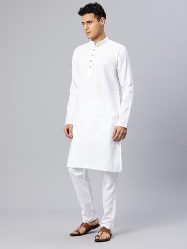 Image of Majestic Man Men's Cotton Regular Fit Traditional Mandarin Collar Ethnic Motifs Solid Long Kurta