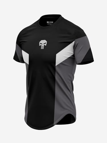 Image of The Souled Store Punisher: One Man Army Men and Boys Short Sleeves Round Neck Black Grey White Colorblocked Regular Fit Cotton Drop Cut T-Shirts