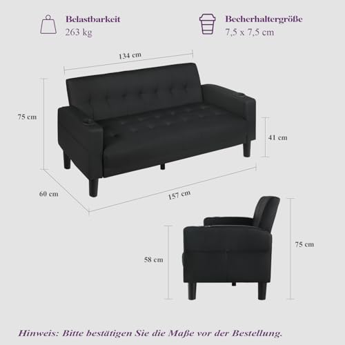 GRAVFORCE Sofa 2 Sitzer Couch mit 2 Ladefunktion und 2 Becherhalter 2er Sofa Klein Kunstleder für Wohnzimmer, Jugendzimmer, Büro, Wohnung, Schlafzimmer, Schwarz