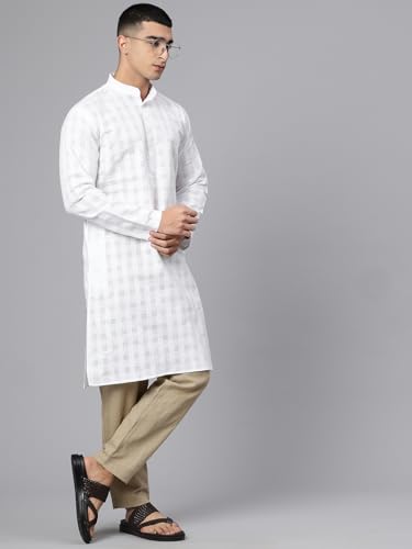 Image of Majestic Man Men's Pure Cotton Textured Check Mandarin Collar Long Kurta