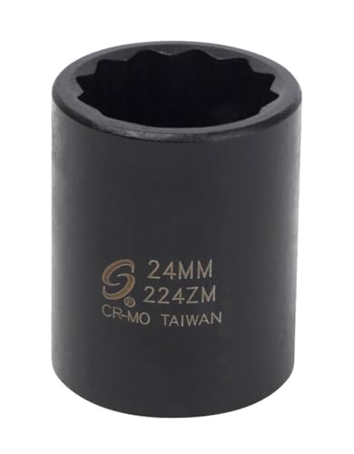 SUNEX Tools 1/2 in. Drive 24mm 12-Point Impact Socket, CR-MO Steel, Model 224ZM