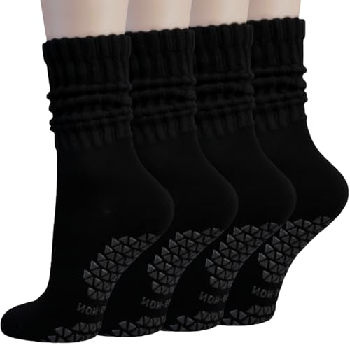 hoomore Slouchy Socks for Women Pilates Socks with Grips for Women Non Slip Yoga Scrunch Crew Sock Barre Workout Black 4 Pack Size 5-8.5