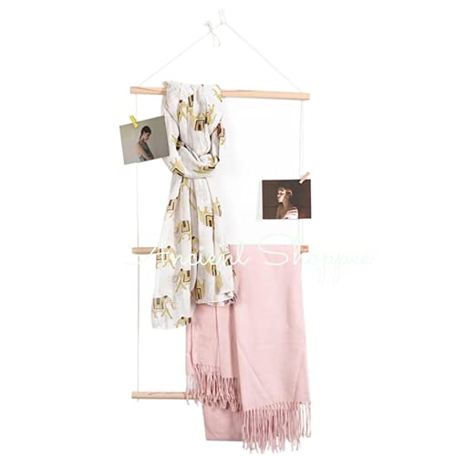 Image of Wooden Wall Clothes Hanger Wood Rope Ladder Display Shelf Doll-Mounted Stand 3 Layer Clothes Storage Rack Clothes Stand Wall Decoration