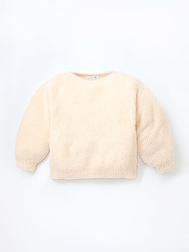 Image of Cherry Crumble Peach Self Vertical Stripes Intarsia Furry Yarn Full Sleeves Round Neck Casual Wear Regular Winter Sweater for Girls