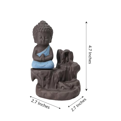 eCraftIndia Blue & Brown Meditating Monk Buddha Statue Smoke Backflow Cone Incense Holder Decorative Showpiece with 10 Free Smoke Backflow Scented Cone Incenses for Home, Temple, Office Decor