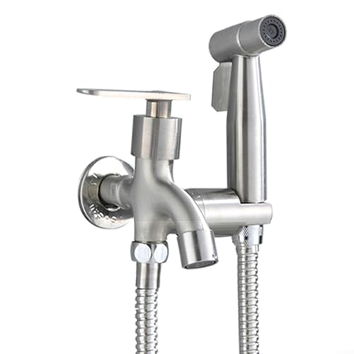 Grifo de doble cara, rociador de bidé de baño de acero inoxidable montado en la pared, grifo de ducha de 1 entrada y 2 salidas, tubo de agua de enlace flexible (plateado)