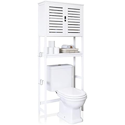 SMIBUY Bathroom Storage Shelf with Cabinet, Bamboo Over-The-Toilet Organizer Rack, Freestanding Toilet Space Saver with 3-Tier Adjustable Shelves (White) Cover