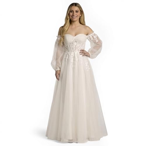 Davids Bridal Wedding Dress - Tulle Sweetheart Ball Gown Wedding Dresses for Bride with Detachable Sleeves Sweep Train Fully Lined Nylon Secured Back Zipper Formal Ceremony Style Look - White