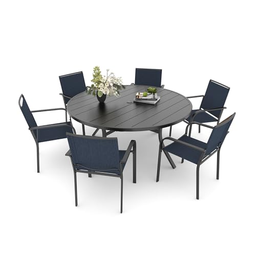 Image of Anmutig 7 Piece Patio Dining Set 54 Inch Round Table Stackable Chairs Blue | Powder-Coated Steel Frame, Quick-Dry Textilene Mesh, Dual-Size Umbrella Hole, Weather Resistant, Patio, Garden, Backyard