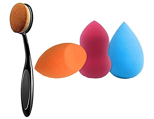 Image of SUNISA Black Oval Foundation Makeup Brush for Womens and Girls and 3 Pcs Multishape Multicolour Makeup Sponge Beauty Blenders - (Pack of 4)