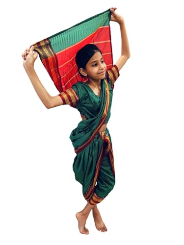 Image of BookMyCostume Traditional Marathi Dress for Girls|Dark Green Nauvari Saree for Kids with Blouse|Fisherwoman Costume for Kids|Indian Cultural State Dress| 7-8 Years