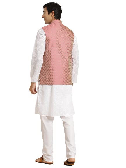 Image of SOJANYA (Since 1958) Men's Silk Blend Dark Green Kurta & Silk Blend Nehrujacket With Off White Churidar Pyjama Set