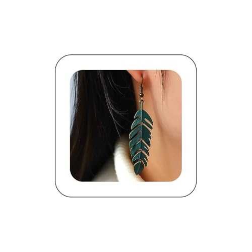 Cimenexe Pendientes Colgantes Pluma Bohemia Verde Pátina Hoja Gota Pendientes Étnicos Pluma Gancho Pendientes Tribal Metal Pluma Hoja Joyas Para Mujeres Regalos