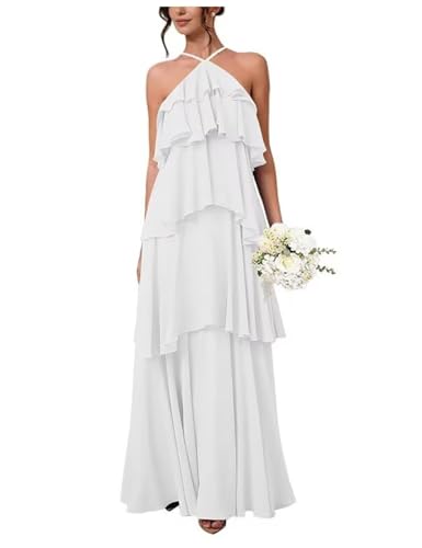 BessDress Vestidos largos de dama de honor para mujer, vestidos de gasa escalonados, vestido formal de noche, acampanado, con volantes, blanco, 52