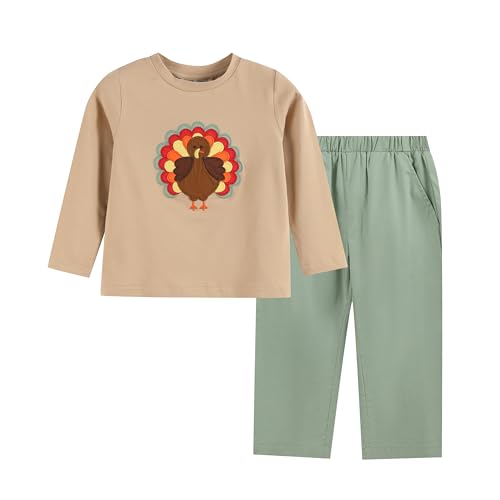 Lil cactus Boys Light Brown Turkey Shirt and Sage Green Pants Set, 18-24 Months