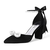 ShowHow Women's Pearl Wedding Shoes for Bride Closed Toe Heels Chunky Block Dress Heels Pointed Toe Rhinestone Pearl Ankle Strap Heels for Bridesmaid Prom Wedding Party Work(Black Suede,8)