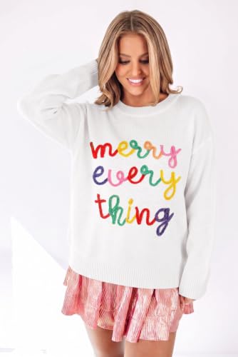 Image of LEMAFER Women 2026 Merry Christmas Round Neck Sequin Letters Sweater Casual Solid Slogan Long Sleeve Pullover Sweatshirt Tops