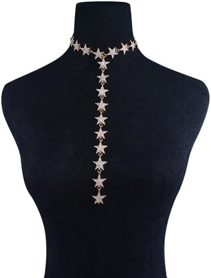 Gold Color Long Five Pointed Stars Choker Necklace Crystal Rhinestone Necklace Women Fashion Body Jewelry4