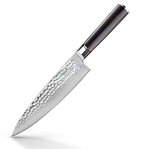 Shirkhan Japanese Damascus Chef Knife 8 Inch - Ultra Sharp Gyuto Kitchen Knife - 67 Layers High Carbon Hand Hammered Steel Blade 10Cr15Comov - Ergonomic Ebony Wood Handle - Gift Box #TOP6