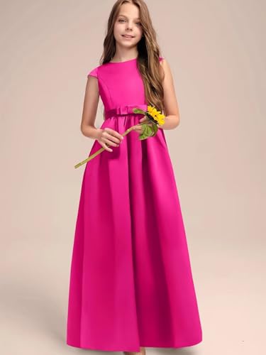 A-line Scoop Neck Junior Bridesmaid Dress with Bow Stain Flower Girl Dresses with Pockets3