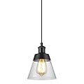 Industrial Glass Pendant Light with Handblown Clear Seeded Glass Shade, One-Light Adjustable Rustic Mini Pendant Lighting Fixture for Kitchen Island Cafe Bar Farmhouse, Black