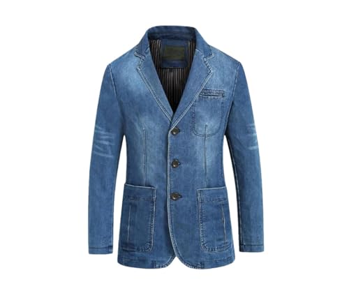 Kiioouu Men Denim Blazer Lapel Cool Denim Jacket Pockets Denim Blazer