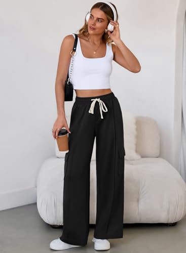 Aleumdr Women's Wide Leg Cargo Sweatpants Casual Loose Pants Drawstring High Waisted Baggy Lounge Pants with Pockets4