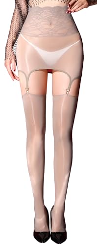 La Mejor Recopilación de Medias de liga para Mujer Top 5. 47 FEOYA - Medias de liga de encaje brillante para mujer con medias altas de muslo, medias de tirantes y medias sin tangas, gris, One Size