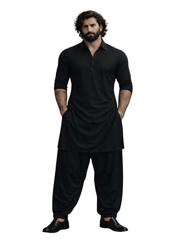 Image of VASTRAMAY Men's Black and White Viscose Pathani Kurta Set, Traditional Pathani Khan Suit Set in Viscose Fabric, and Salwar Patiala Pyjama for Weddings & Festival, Ethnic Outfit | Independence Day