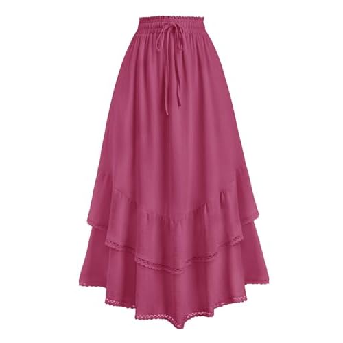 HUSKARY Maxi Skirts for Women Summer Fall High Waist Drawstring Long Skirt Ruffle Layered Medieval Skirts with Pockets Army Green Small