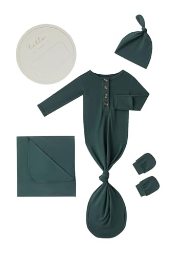Image of Newborn Baby Swaddle Blanket Set with Baby Knotted Gown, Mittens, Hat - Bamboo Viscose Receiving Blanket Bundle (Army Green)