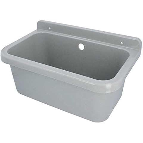 HYDROLAND Ausgussbecken Waschbecken mit Überlauf 55 x 34 x 21 Grau | Komplett mit Siphon Kunststoff Ablaufgarnitur Spüle Garten Waschtisch Spülbecken Wandmontage Handwaschbecken Set Gartenwaschbecken Cover
