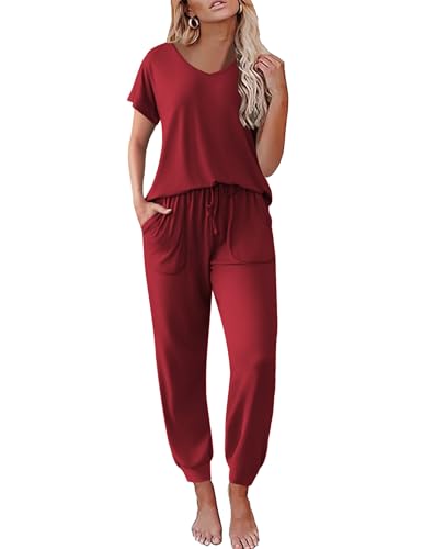 Image of Ekouaer Lounge Sets for Women 2 Piece Pajamas Short Sleeve Tops and Long Pants Jogger Pjs Tracksuit Set,Wine,XXL