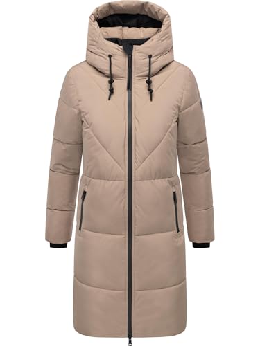 Navahoo Damen Langer Wintermantel warmer Steppmantel mit großer Kapuze und Fleece-gefütterten Kragen Kältekuschel XIV Taupe Grey Gr. S