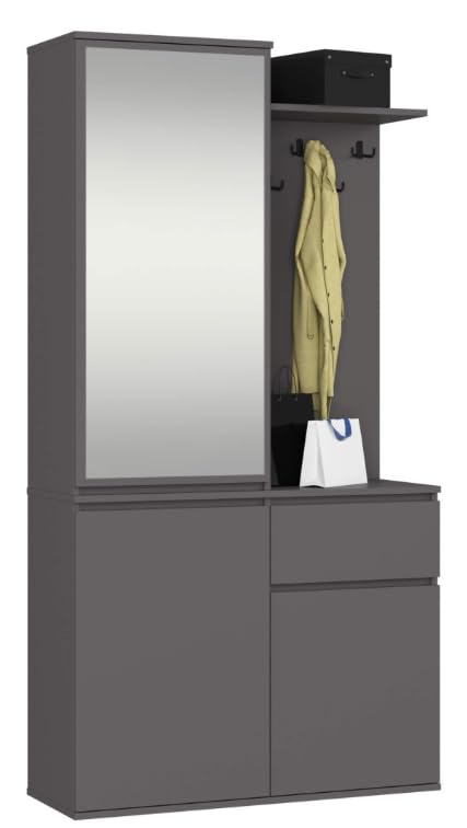 BDW Entro Set di Guardaroba da Ingresso con Armadietto a Specchio, 95 x 183 x 35 cm, Scarpiera, Appendiabiti, Sala, (Grigio)