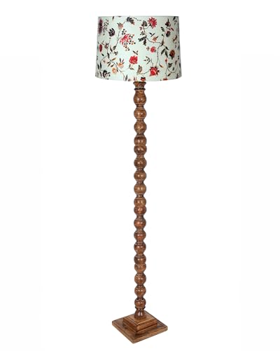 Image of HomesakeRustic Wood Floor Lamp for Living Room Walnut Brown with Multicolor Fabric Lamp Shade | Light Decoration | Side Lamp for Living Room & Bedroom | Antique Floor Light, Vine and Flowers