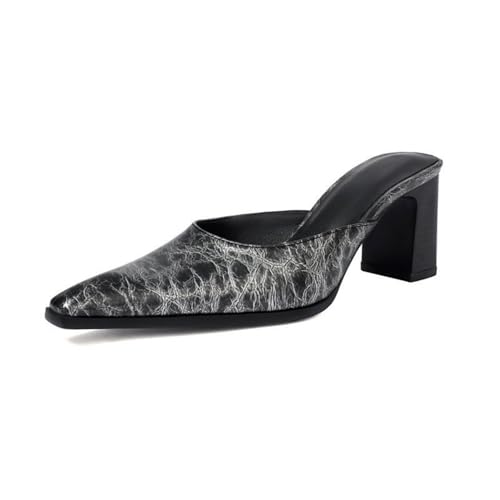 Mules à talon bloc pour femmes en cuir craquelé chic