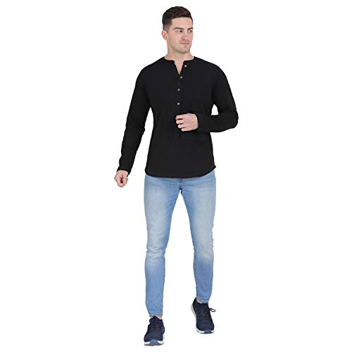 Image of Men Black Henley Neck Cotton Full Sleeve T-Shirt