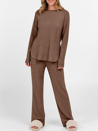 ANRABESS Womens 2 Piece Lounge Pajama Sets Ribbed Knit Long Sleeve Tunic Tops Matching Pants Casual Fall Sleepwear Outfits2