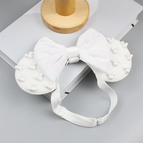 JIAHANG White Velvet Adjustable Mouse Ear Hair Bow Headband with Beadings, Fashion Bow Hairband Stand for Baby Girls Infant Toddlers4