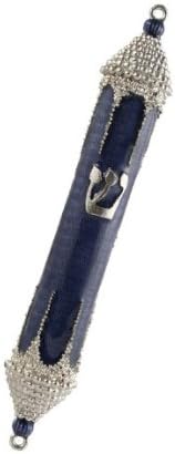 Hand Painted Exquisite Pointed Design Mezuzah Case in Blue and Silver Tones