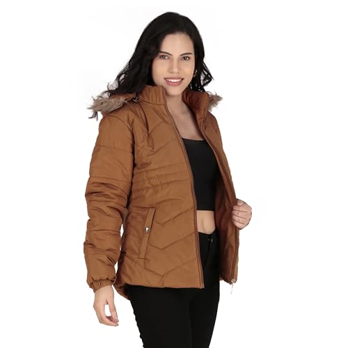 Image of Women's Cozy Puffer Stylish Jacket with Buttoned Pockets and Detachable Fur Hood