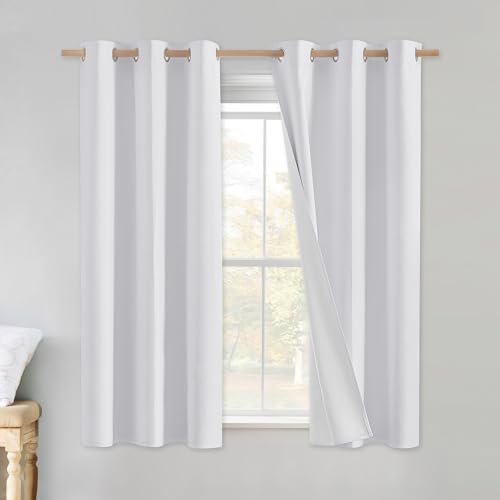 NICETOWN 100% Absolutely Blackout Linen Curtains with Thermal Insulated White Liner, White, 34 inches Wide, 48 inches Length Energy Saving Curtains for Cupboard 2 Panels Set, Vertical Blinds