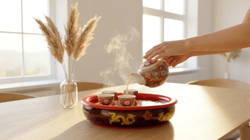 Image of Liang baobao Porcelain Tea Tray, Double-Layer Ceramic Tray with Water Storage Circular for Tea Coffee Serving Table (12 inch Dragon red)