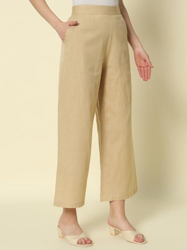 Image of FIORRA Womens Loose Mid Rise Cotton Solid Palazzo