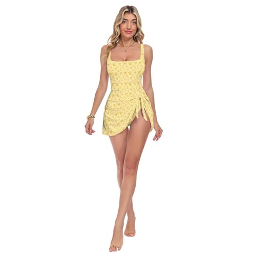 Maillot de bain robe imprimé fleuri jaune avec de larges bretelles
