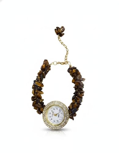 Image of ARKN Crystal Bracelet Watch for Women | Natural Gemstone Beaded Wrist Watch | Gold-Tone Dial with Rhinestone Bezel | Adjustable Fashion Jewellery Gift for Women & Girls