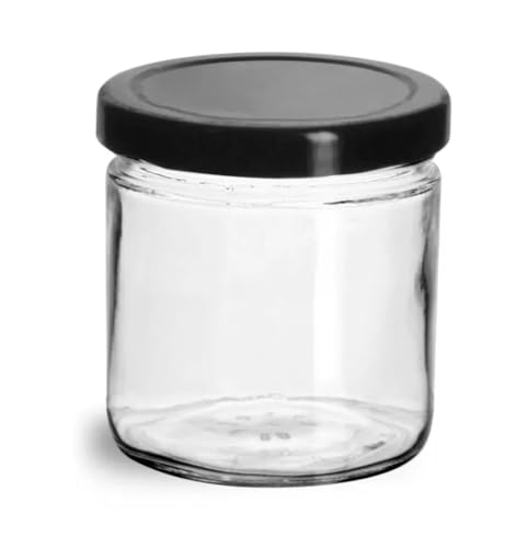 SKS Bottle & Packaging, Inc. 7.75 oz Clear Glass Straight Sided Jars w/Black Metal Plastisol Lined Lug Caps